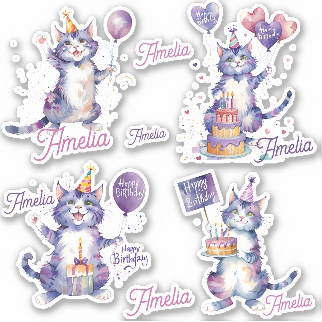 Pegatina Gatos morados Felices Cumpleaños Personalizado (Anverso)