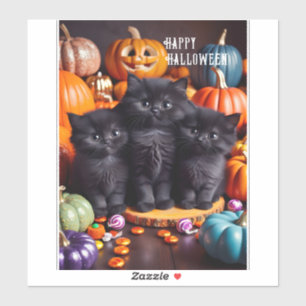 Pegatina Gatos negros de Halloween con calabazas y dulces
