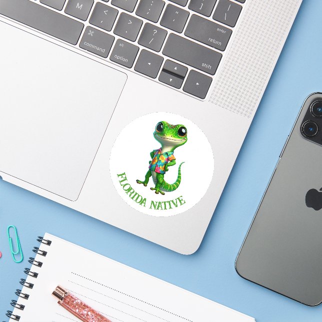 Pegatina Gecko en camiseta tropical (Ordenado portátil con iPhone)