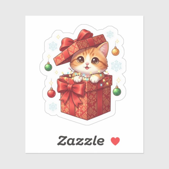 Pegatina Gift Box Surprise Cute Cat Popping Out Christmas  (Hoja)