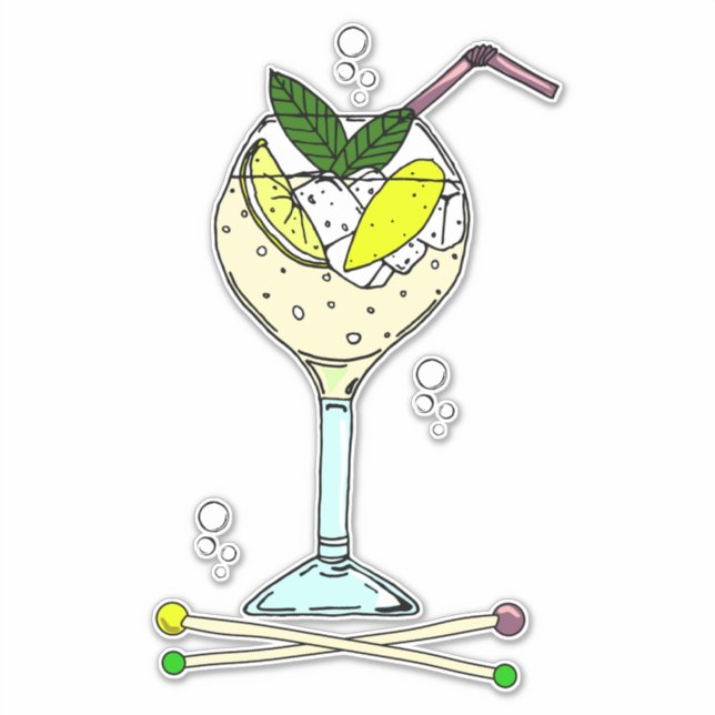 Pegatina Gin Cocktail Glass con rebanadas de hielo y limón (Anverso)