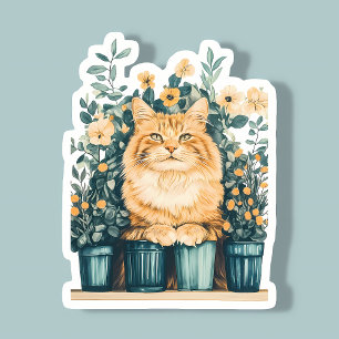 Pegatina Ginger Tabby Cat rodeada de flores florecientes