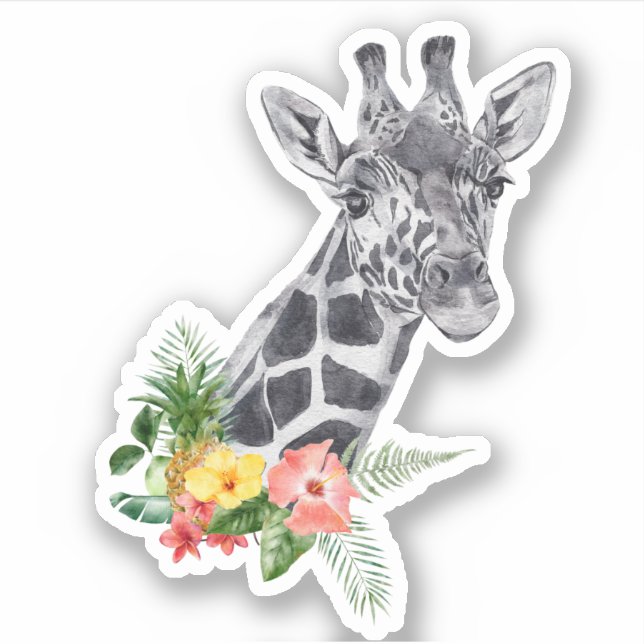 Pegatina Girafa acuarela con Bouquet tropical (Anverso)