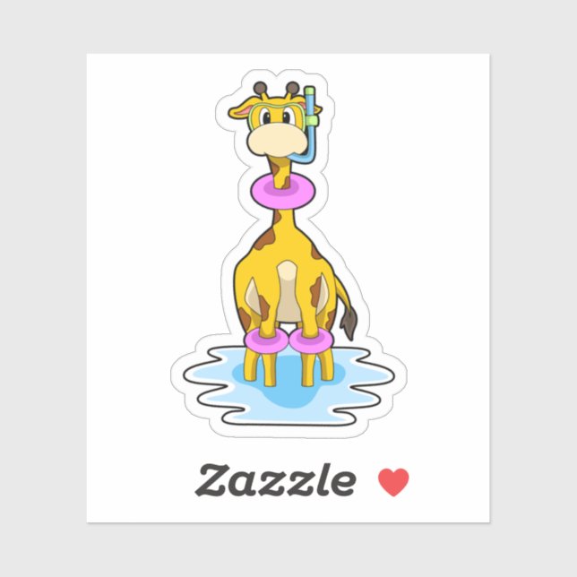 Pegatina Girafa en Natación con anillo de natación (Hoja)