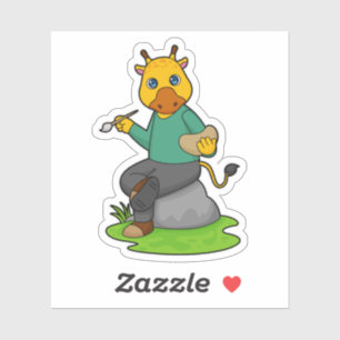 Pegatina Giraffe como pintor con pincel de pintura