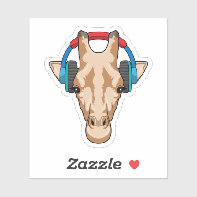 Pegatina Giraffe en la música con auriculares (Hoja)