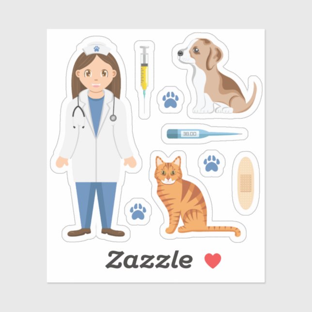 Pegatina Girl Veterinarian With Puppy Cat And Vet Things (Hoja)