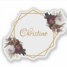 Girly Gold Burgundy Peonies Nombre Floral Geométri