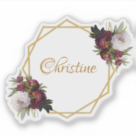 Pegatina Girly Gold Burgundy Peonies Nombre Floral Geométri