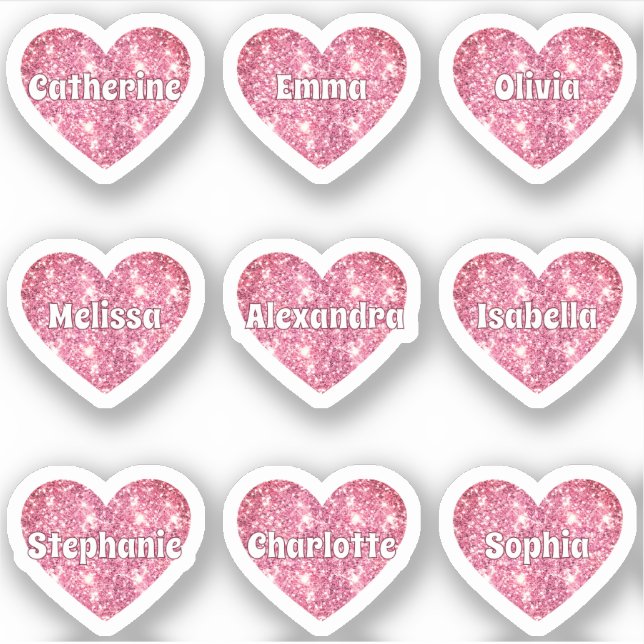 Pegatina Glam Girly Purpurina Rosa Hearts Names Pack (Anverso)