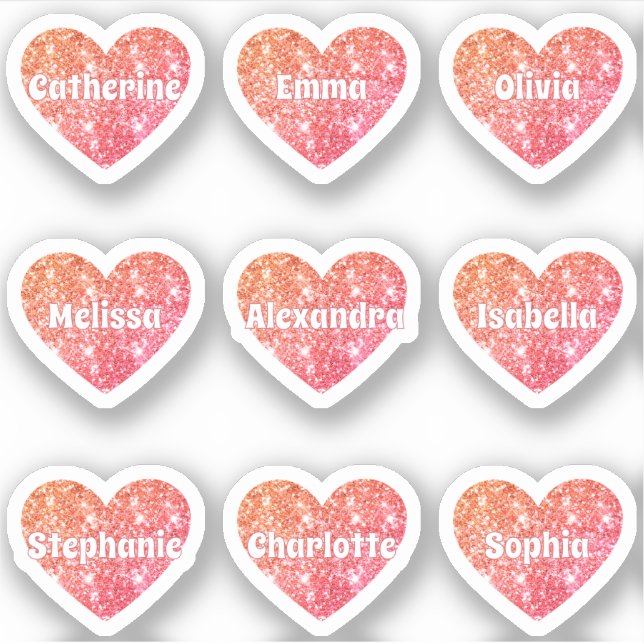 Pegatina Glam Girly Red Naranja Purpurina Hearts Names Pack (Anverso)