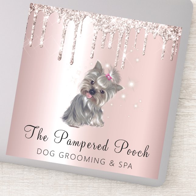 Pegatina Glam Gold Rosa Purpurina Drin Dog Grooming Service (Detalle)