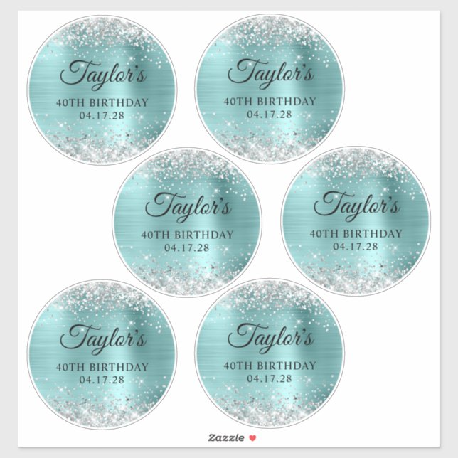 Pegatina Glitter Plateado & Turquesa Cumpleaños 40 5" Círcu (Hoja)