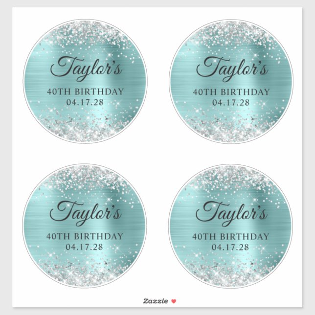Pegatina Glitter Plateado & Turquesa Cumpleaños 40 6" Círcu (Hoja)