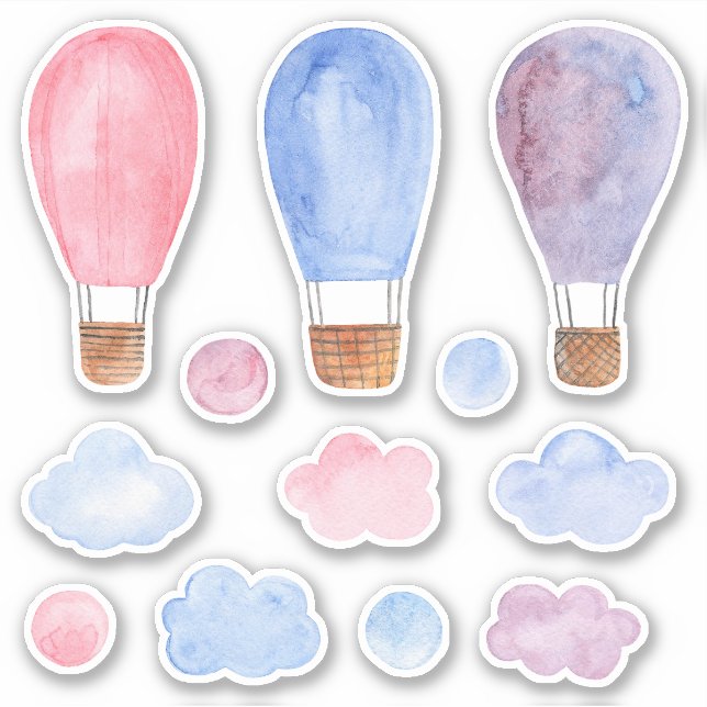 Pegatina Globo de aire caliente acuarela. Rosa, azul y púrp (Anverso)