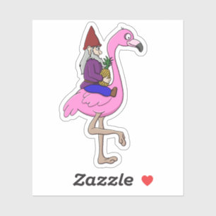 Pegatina Gnome Montando un Flamingo con una piña