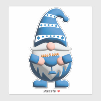 Pegatina Gnomo de Hanukkah Blanco Azul sosteniendo Menorá