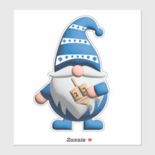 Pegatina Gnomo de Janucá azul blanco sosteniendo Dreidel