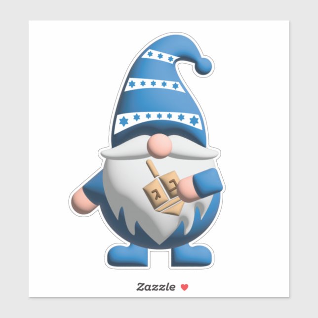 Pegatina Gnomo de Janucá azul blanco sosteniendo Dreidel (Hoja)