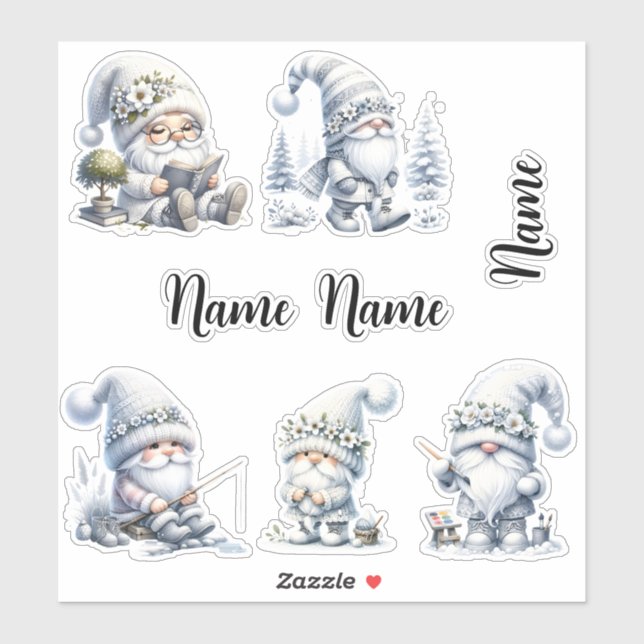 Pegatina gnomos de invierno blancos personalizados (Hoja)