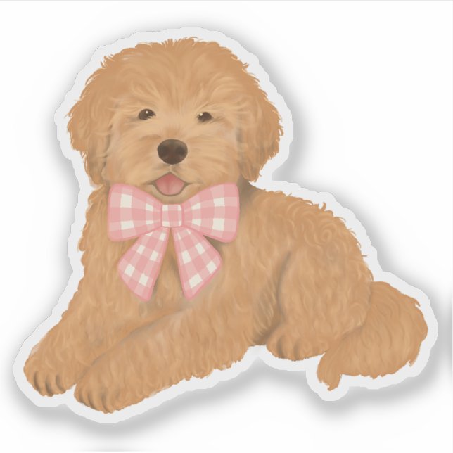 Pegatina Golden Doodle with Pink Gingham Bow Party Favor (Anverso)