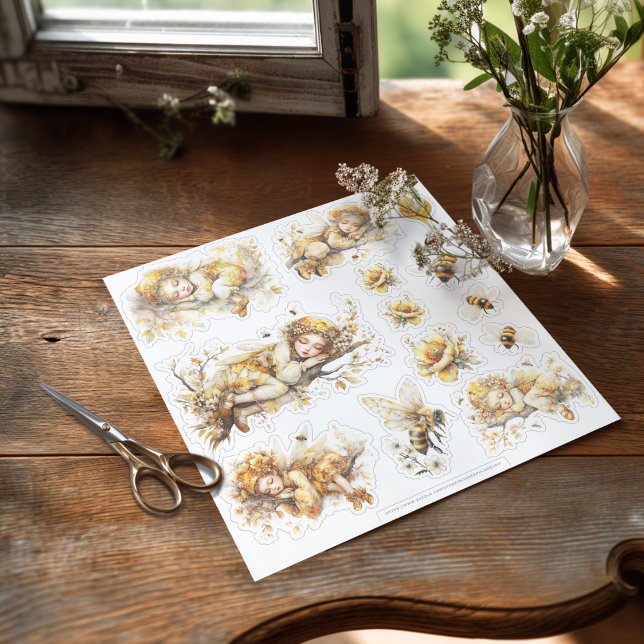 Pegatina Golden Honey Fairy World - 2a The sleeping fairies (Sticker with sleeping fairies on the table ready to be used)