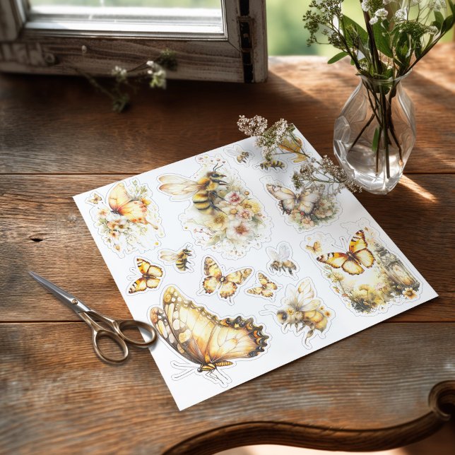 Pegatina Golden Honey Fairy World – 3c Bees and Butterflies (Sticker with butterfiles and bees on the table ready to be used)