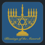 Pegatina Golden Menorah<br><div class="desc">Pegatina cuadrado con la imagen de una menorah dorada y texto opcional sobre el azul real. Vea la correspondencia entre pegatina de vinilo cortado por personalizado, invitación, etiqueta, confeti y papel de envoltura. Ver toda la colección de Pegatinas de Hanukkah en la categoría CARDS & PEGATINAS en la sección HOLIDAYS....</div>