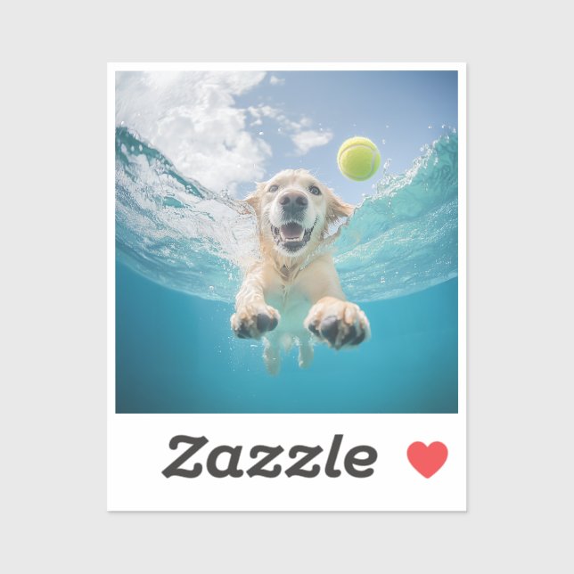 Pegatina Golden Retriever Buving Tennis Ball Underwater (Hoja)