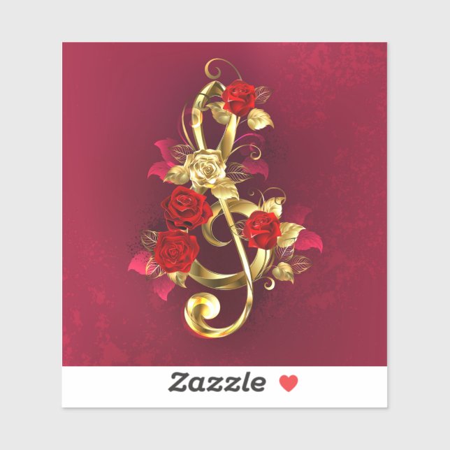 Pegatina Golden Treble Clef con flores Rosas (Hoja)