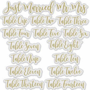 Pegatina Golden Typography Just Married, Mr & Mrs and Table