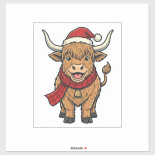 Pegatina Gorra de Santa de Vaca de las Highlands de Navidad