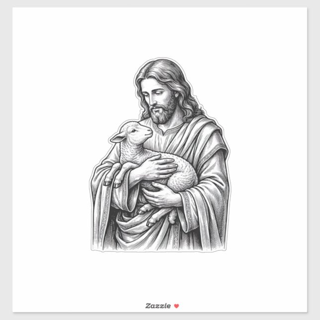 Pegatina Grabado Antiguo Pastor que Sostiene Cordero Vector (Hoja)