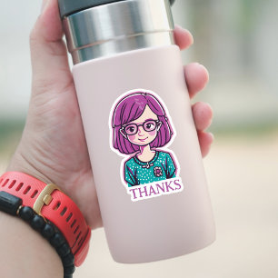 Pegatina "GRACIAS" Agradable Chica de pelo rosado con gafas