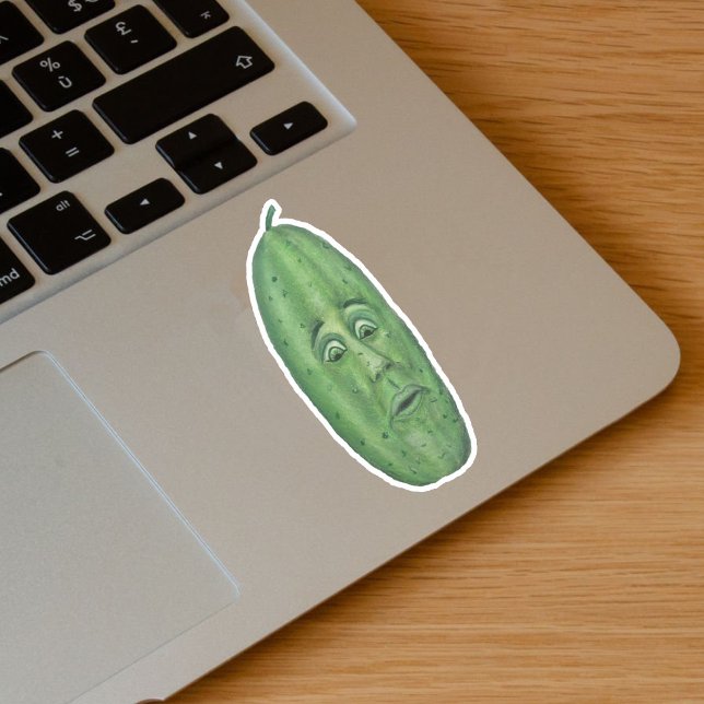 Pegatina Graciosa Gran Polla Verde con cara sorprendida (Funny big green pickle with stem and surprised looking face on vinyl sticker.)