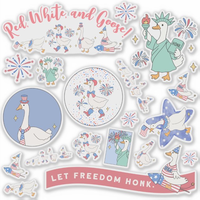 Pegatina Gracioso 4 de julio Desfile patriótico de oca (Nearly 20 stickers for 4th of July. This humorous "Red White and Goose" sticker sheet is silly, fun.)