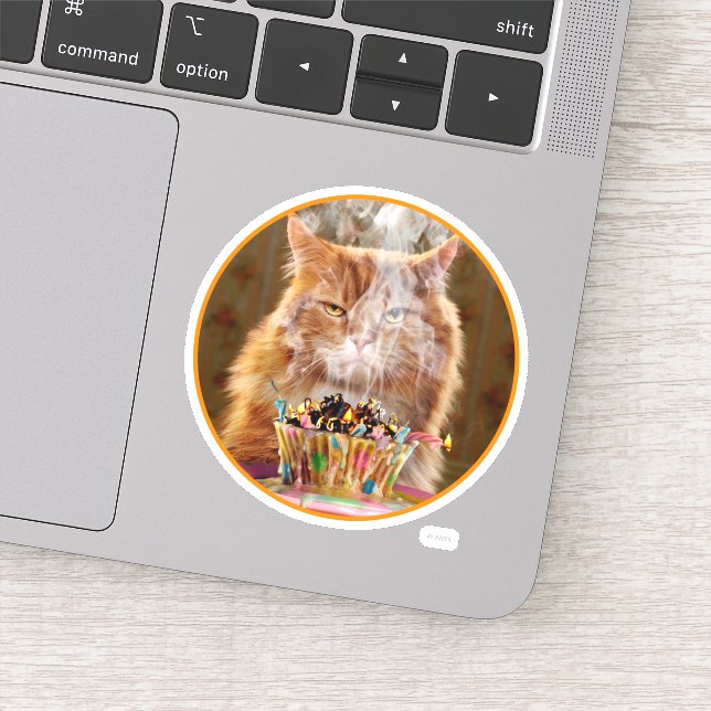 Pegatina Gracioso Gato Cranky Con Pastel De Cumpleaños Fund (Detalle)