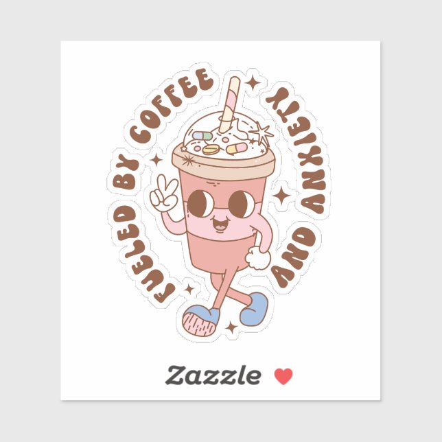 Pegatina Gracioso retro alimentado por el café y la ansieda (Hoja)