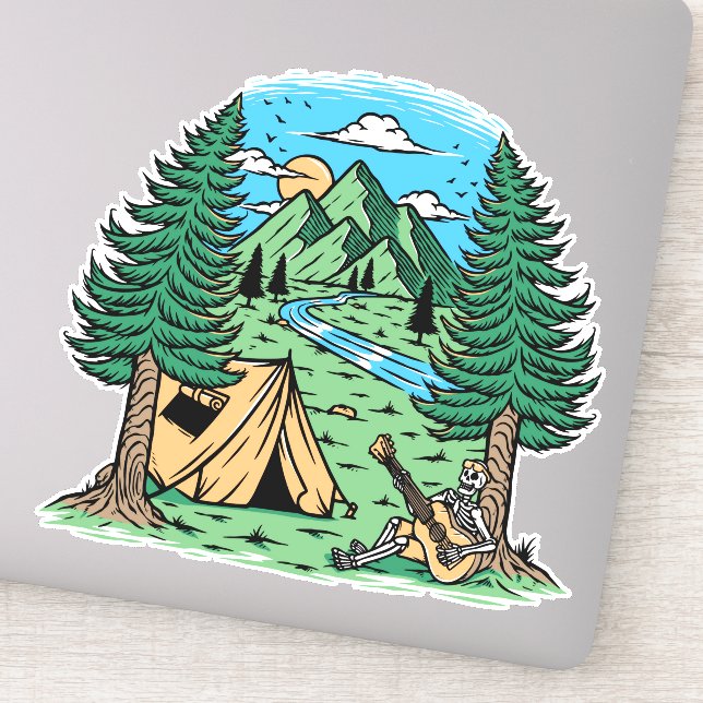Pegatina Gracioso Skeleton Camping Tocando Guitarra (Detalle)