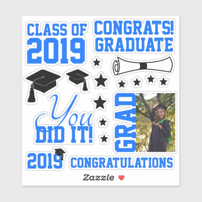 Pegatina Graduación de foto azul (Hoja)