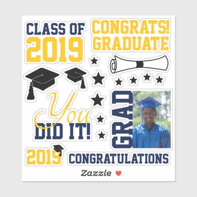 Pegatina Graduación de fotos de marina y oro (Hoja)