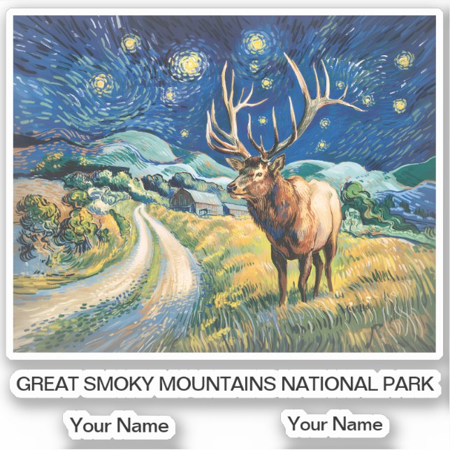 Pegatina Great Smoky Mountains Wildlife Elk Retro Van Gogh (Anverso)