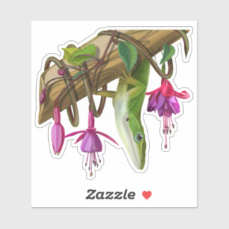 Pegatina Green anole with Fuchsias