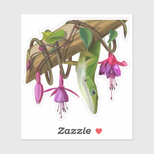 Pegatina Green anole with Fuchsias  (Hoja)