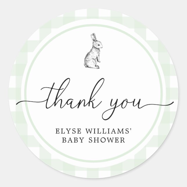 Pegatina Green Gingham Bunny Rabbit Shower Favor (Anverso)