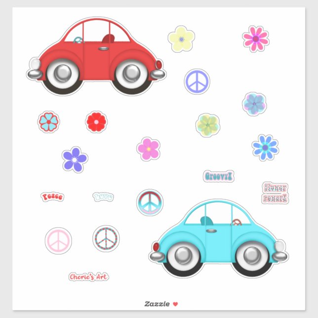 Pegatina Groovy Cars Paz Amor y Flores (Hoja)