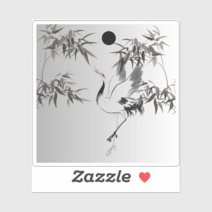 Pegatina Grulla Japonesa y Bambú con Tinta Lavada - Zen Sum