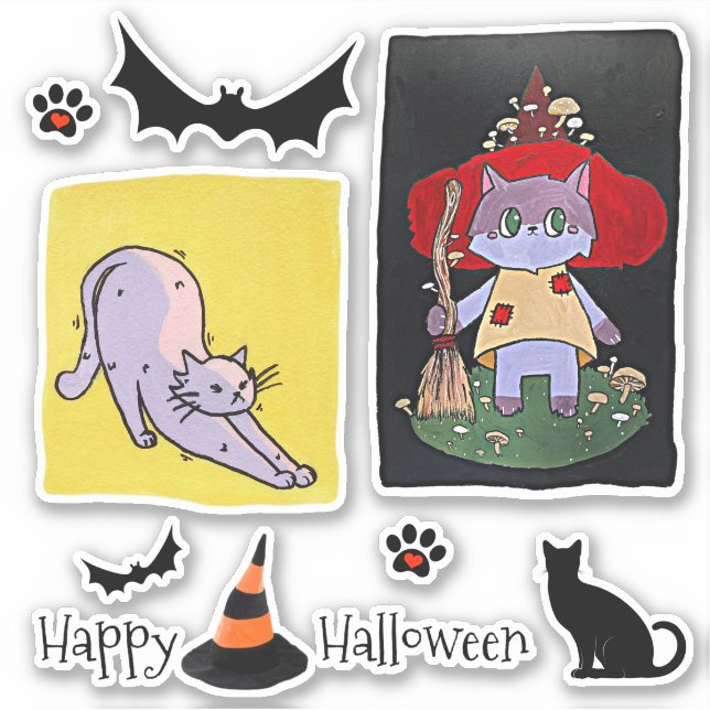 Pegatina Grupo de Halloween de gatos Personalizados (Anverso)