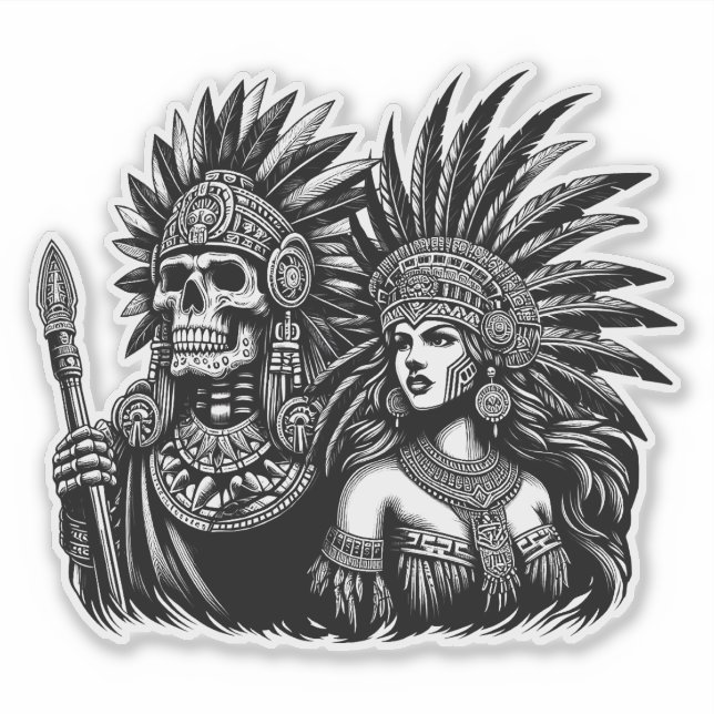 Pegatina Guerrero del esqueleto azteca con arte de princesa (Anverso)