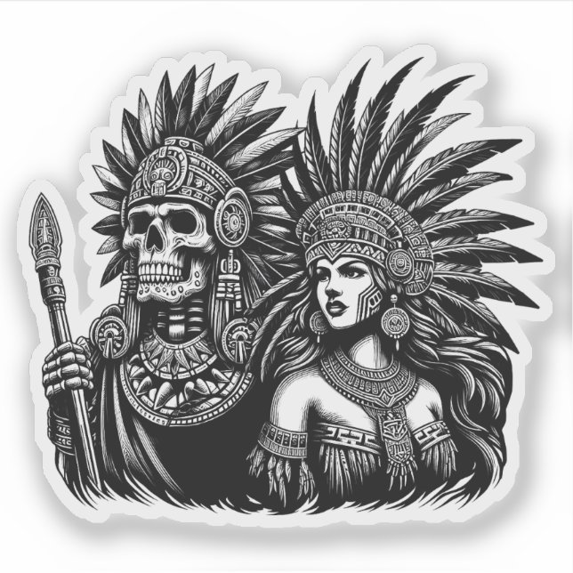 Pegatina Guerrero del esqueleto azteca con arte de princesa (Anverso)